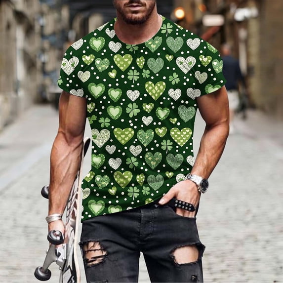 Blczomt St Patricks Day Mens Short Sleeve Shirt Summer Green Oversized T-Shirts Clover Graphic Regular-Fit Irish Mens Clothes
