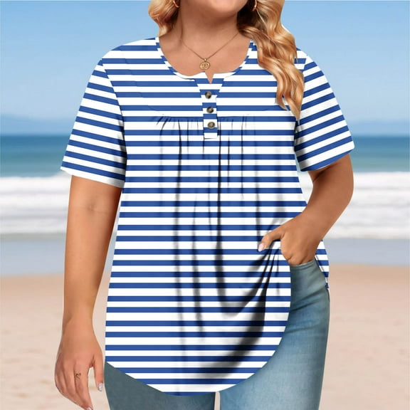 Blczomt Striped Casual Tops for Women Oversized Plus Size Shirt Button Blue Round Neck Short Sleeve Womens Tshirts