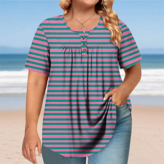 Blczomt Striped Summer Tops for Women Oversized Plus Shirt Round Neck Short Sleeve Casual Pink Button Blouses for Women Plus