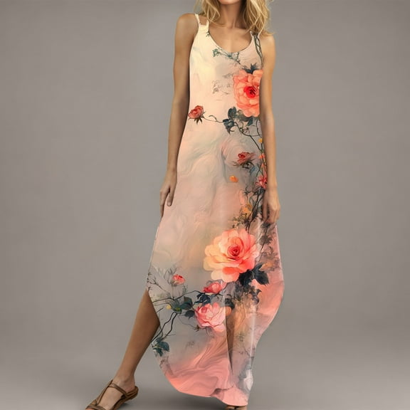 Blczomt Summer Dress Women Floral Maxi Sundress Spaghetti Straps Tie Back Side Slit Dresses Women