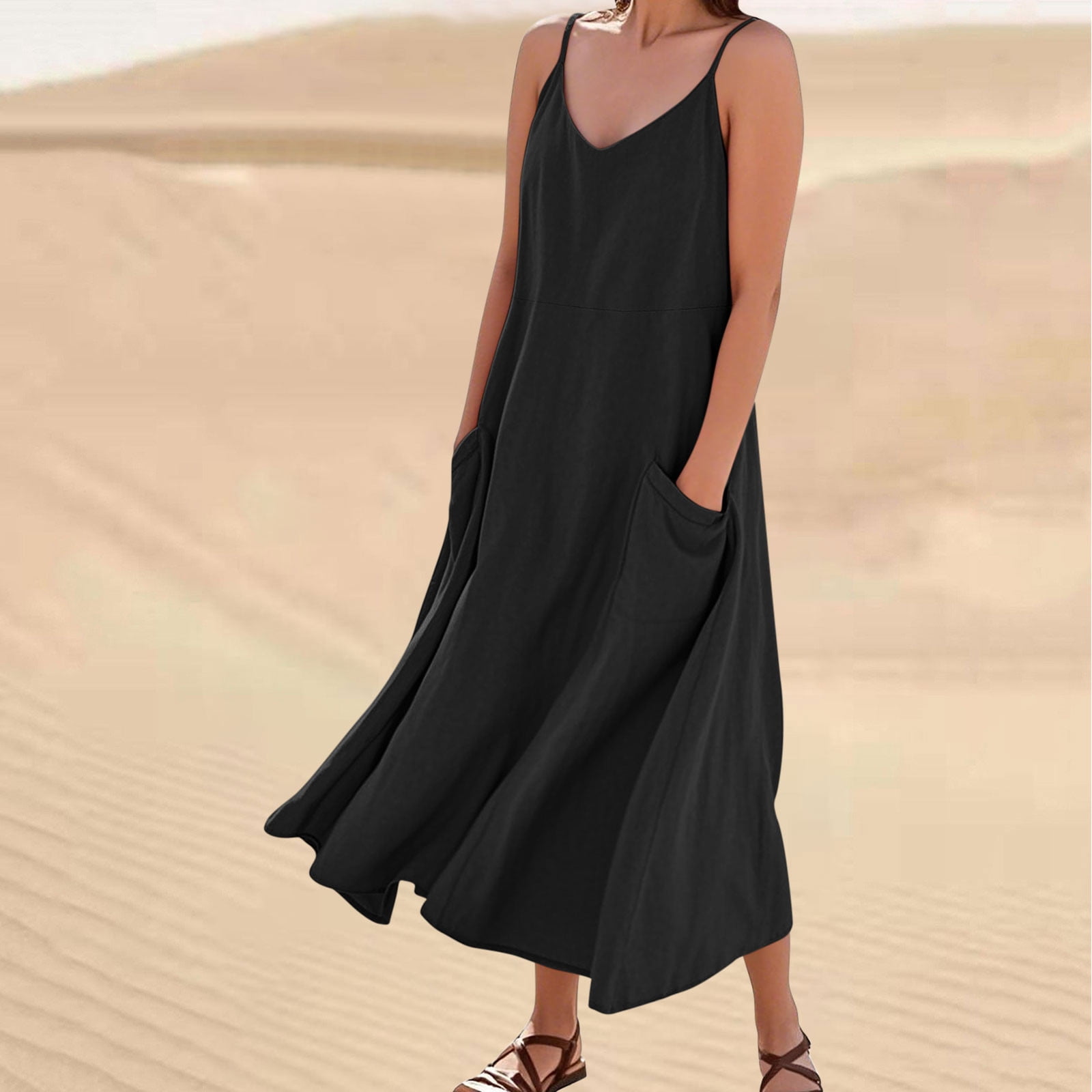 Women's Sleeveless Maxi Dress - Spaghetti Strap, Flowy Tiered Beach Dress With Pockets