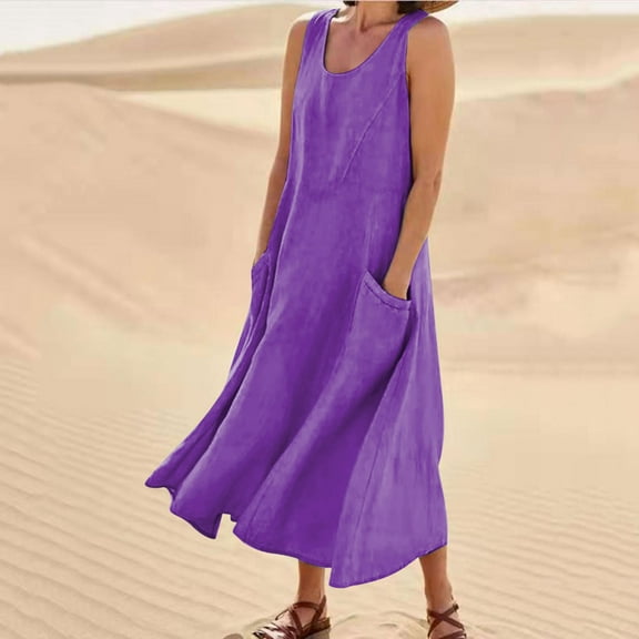 Blczomt Summer Dresses for Women Plus Size Sleeveless Cotton Linen Maxi Dresses with Pockets Loose Flowy Casual Dresses