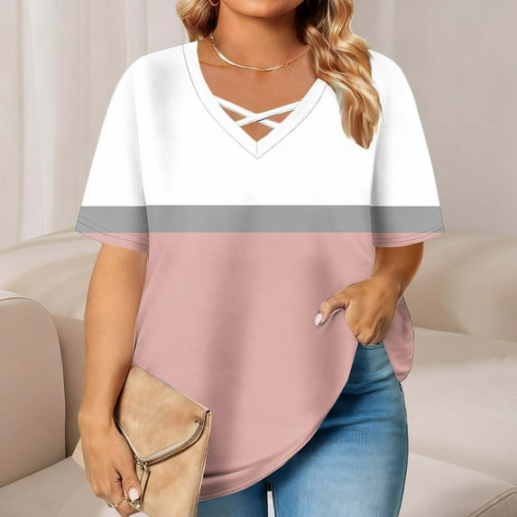 Blczomt Summer Ladies Tops and Blouses White Short Sleeve Plus Size Tops Lightweight Color Block Y2K,XXXL