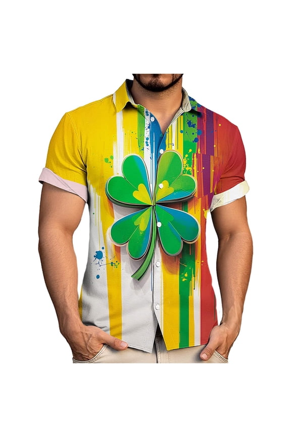 Summer Men Short Sleeve Shirt Red St.Patrick's Day Tee Shirt Big & Tall Clover Graphic Button Down Mens Clothes Trendy