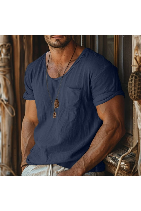Summer Men's Shirts Casual Short Sleeve T Shirt Plain Crew Neck Basic Pocket Blue Mens Shirts