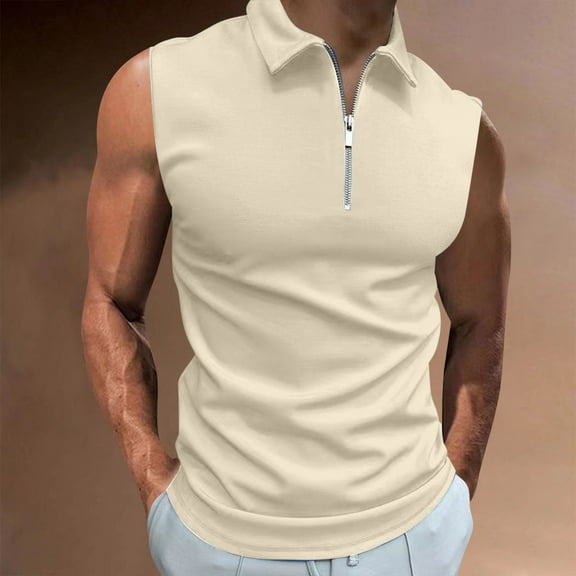 Blczomt Summer Mens Tank Tops under $10 Plain Sleeveless Tanks Lapel Zipper Beige Tops