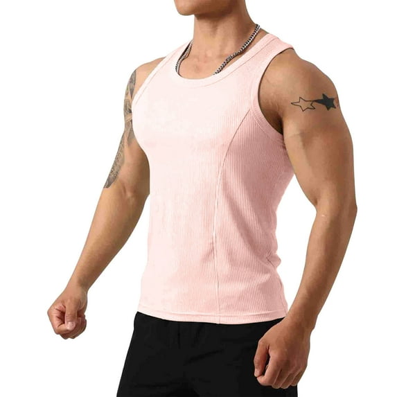 Blczomt Summer Mens Tops Plain Tank Workout Crew Neck Running Pink Tops