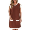 thumbnail image 1 of Blczomt Summer Plus Size Dresses for Women Short Mini Dress with Pockets Cap Sleeve Brown Ribbed Colorblock Women Fashion, 1 of 5
