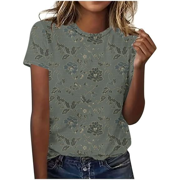Blczomt Summer Plus Size Tops for Women Short Sleeve Crew Neck T Shirts Casual Loose Fit Floral Womens Blouses