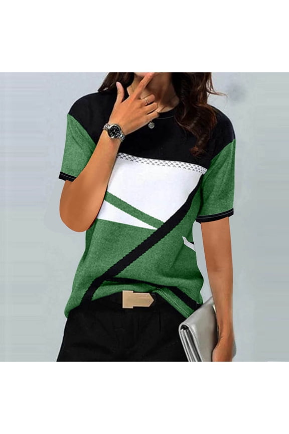 Summer Shirts Women Short Sleeve Color Block Green T Shirt Casual Crewneck Geometric Print Outfits
