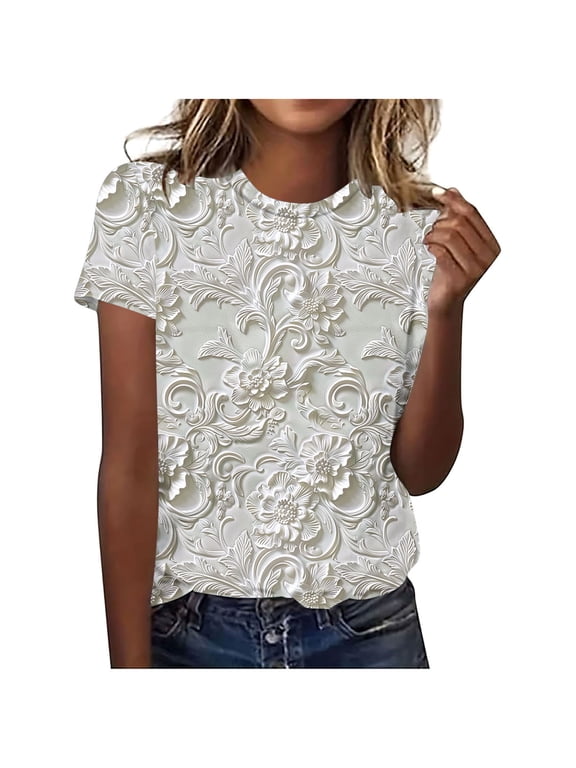 Summer Spring Tops for Women 2025 Short Sleeve Crew Neck T Shirts Casual Plain Floral Shirts Women