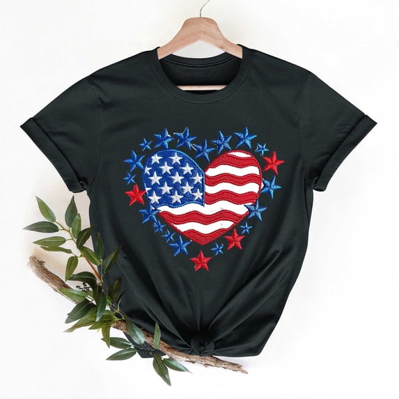 Blczomt Summer Spring Tops for Women Independence Day Crew Neck T Shirts Short Sleeve Black Patriotic Womens Shirts Casual
