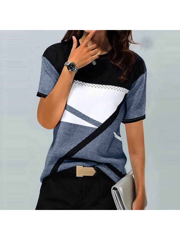 Summer T-Shirt for Women Color Block Short Sleeve Blue T Shirt Casual Crewneck Geometric Print Women Blouse
