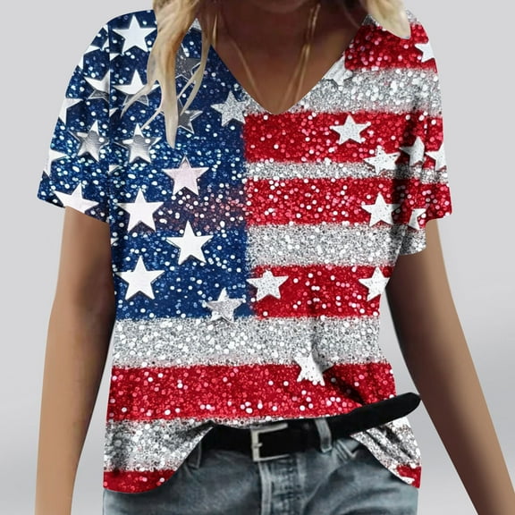 Blczomt Summer Tops for Women 2025 July 4th Independence Day Patriotic T Shirts Short Sleeve Red American Flag Blouses for Women