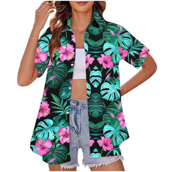 Blczomt Summer Tops for Women Hawaiian Button Down Shirts Beach 2025 Casual Womens Tshirts