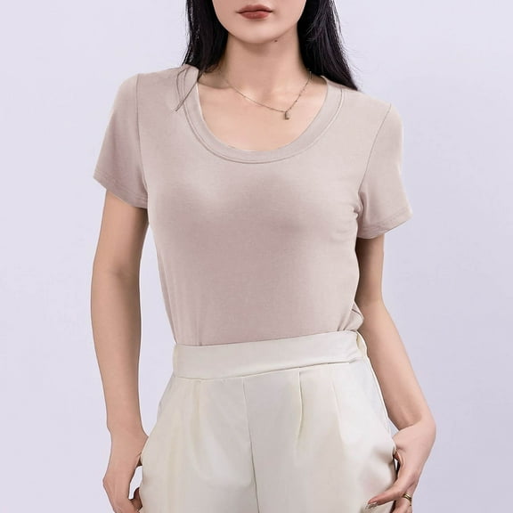 Blczomt Summer Tops for Women Plain Basic Tee Shirt Casual Beige Short Sleeve Crew Neck Ladies Blouses