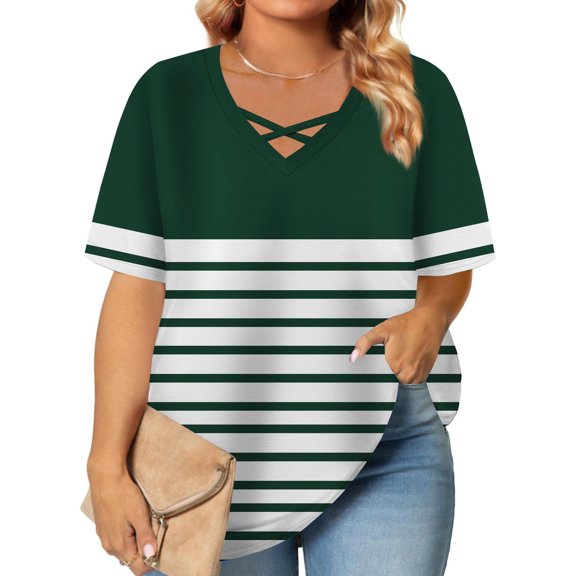 Blczomt Summer Tops for Women Plus Size V Neck Tees Short Sleeve Oversized Color Block Striped Green Womens Tshirts
