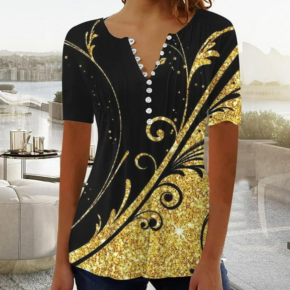 Blczomt Summer Trendy Tops for Women 2025 Graphic Dressy Casual Blouses Loose Fit V Neck Formal Yellow Womens T Shirts