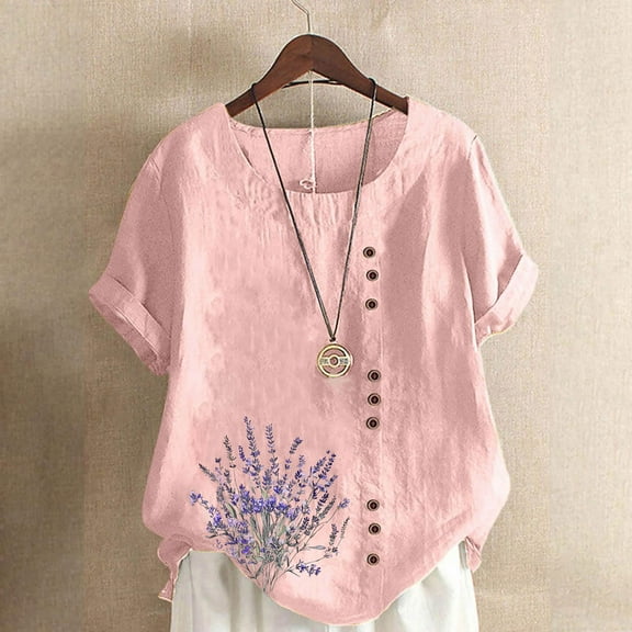 Blczomt Summer Womens Casual Tops Cotton Linen Short Sleeve Shirt Pink Trendy Button Womens Blouses Dressy Casual