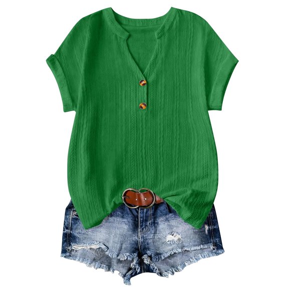 Blczomt Summer Womens Spring Blouses Green Trendy V Neck Blouse Lightweight Plain Short Sleeve,M