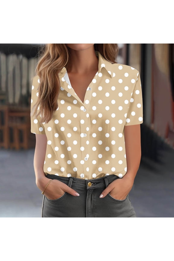 Summer Womens T Shirts Yellow Polka Dot Lightweight Blouse Cute Short Sleeve Button Down,S