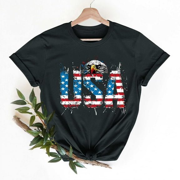 Blczomt Summer Womens Tops Crew Neck Independence Day T Shirts Short Sleeve Black Patriotic American Flag Womens Tshirts