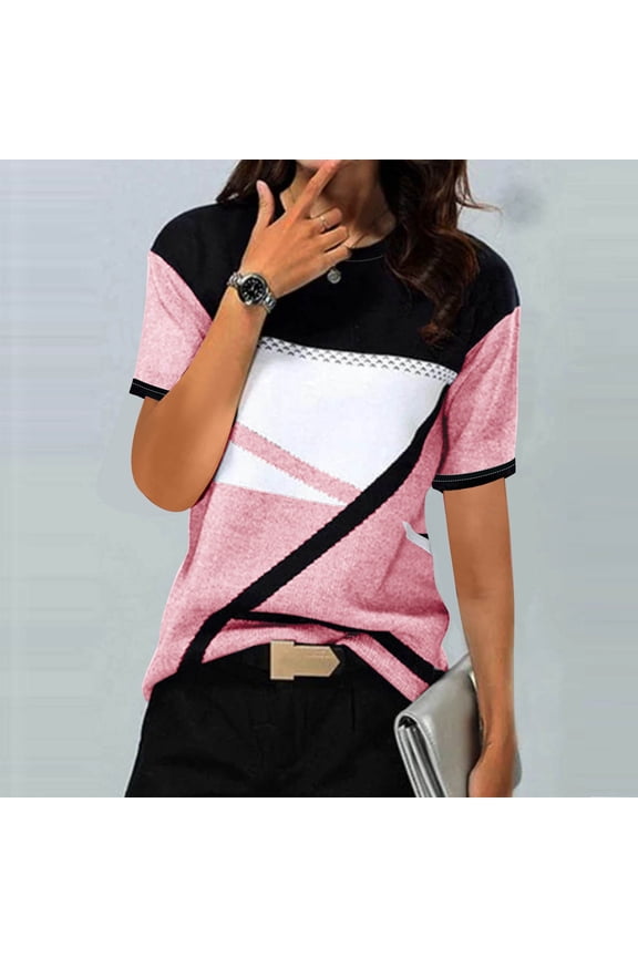 Summer Womens Tops Pink Short Sleeve Color Block T Shirt Casual Geometric Print Crewneck Women Blouse