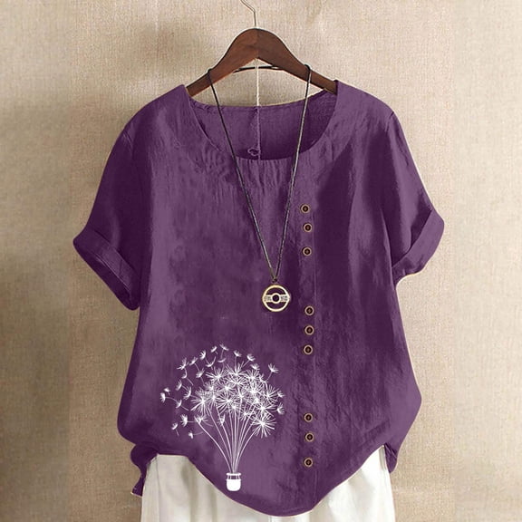 Blczomt Summer Womens Tops Plus Size Short Sleeve Cotton Linen Shirt Trendy Casual Button Purple Womens Blouses