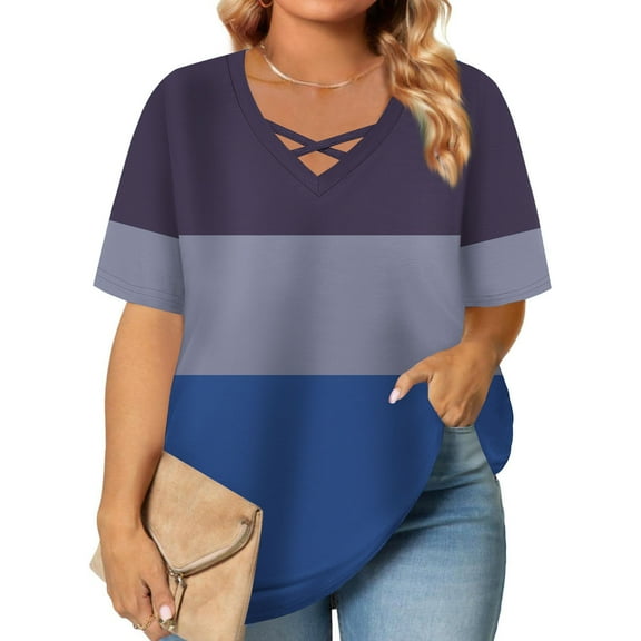 Blczomt Summer Womens Tops Short Sleeve Plus Size V Neck Tees Blue Oversized Color Block T Shirts for Women