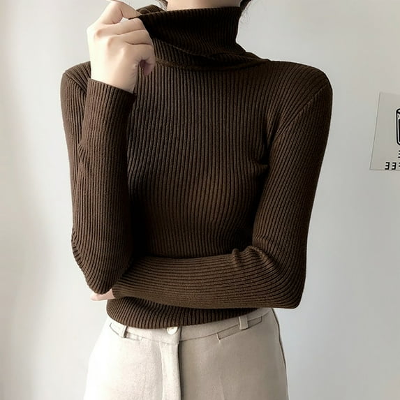 Blczomt Sweater Women Turtleneck Long Sleeve Basic Sweaters Winter Plain Comfortable Brown Womens Blouses