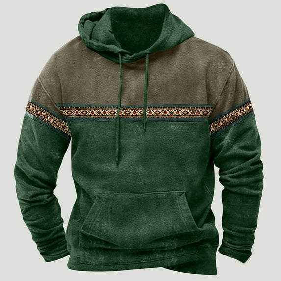 Blczomt Sweatshirt Men Western Aztec Hoodie Pullover Casual Green Pockets Long Sleeve Men Clothing