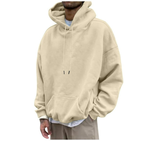 Blczomt Sweatshirts Men Casual Plain Pullover Hoodie Beige Trendy Long Sleeve 2025 Mens Fashion