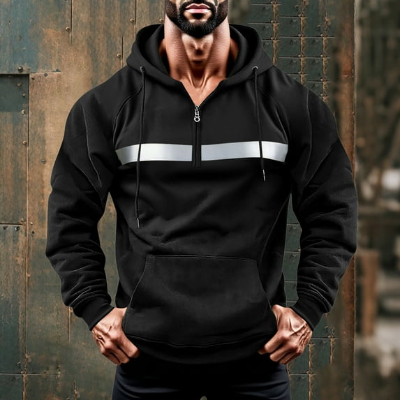 Blczomt Sweatshirts for Men Big Reflective Casual Half Zip Hoodie Black Fall Winter Quarter Zip Pocket Men's Fashion,L