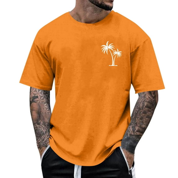 Blczomt T Shirts for Man Casual Palm Tree Printed Summer Beach Graphic Tees Orange Crew Neck Loose Short Sleeve Shirts
