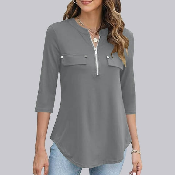 Blczomt Womens Tops Plain 3/4 Sleeve Gray Tunic Blouses Dressy Fall Winter Zipper Womens Blouses Under $5 M