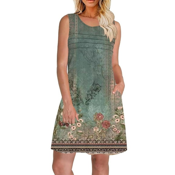 Blczomt Tank Plus Size Dresses for Women Floral Summer Dresses Short Sleeveless Green Midi Round Neck Womens Fashion 2025