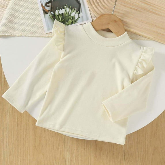 Blczomt Thermal Toddler Girl Tshirt Long Sleeve Winter T-Shirt Beige Plain Ruffle Crewneck Basic Tshirts for Kids Girls