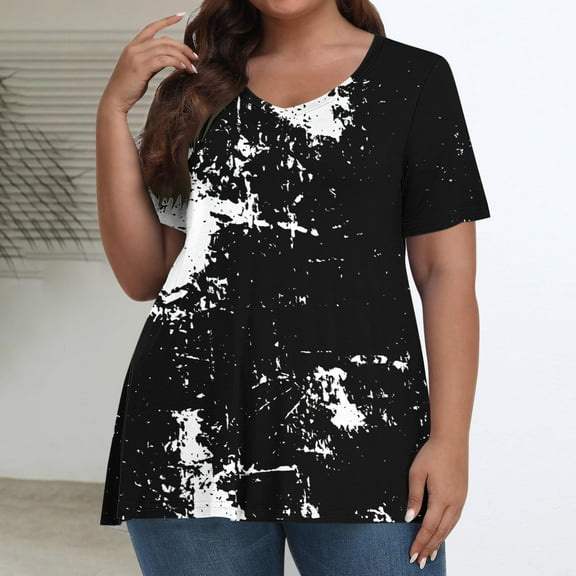 Blczomt Tie Dye Womens Tops Plus Size Summer T Shirts Black Short Sleeve Oversized Round Neck Blouses Women