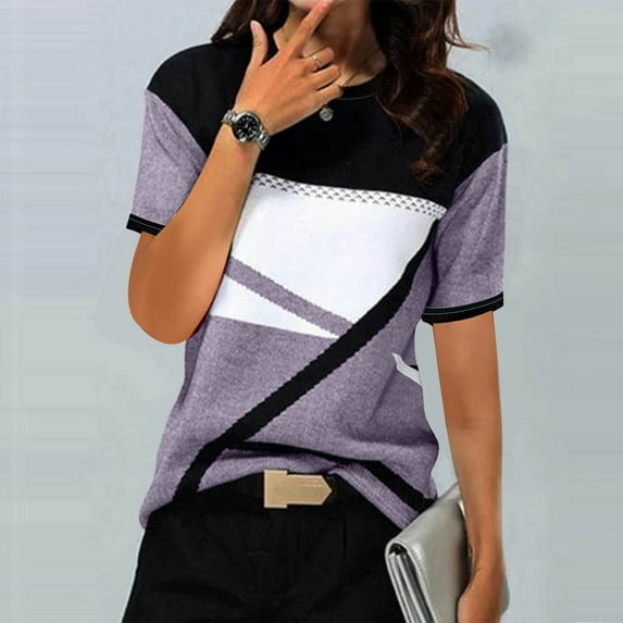 Blczomt Tops Women Black Short Sleeve Summer Color Block T Shirt Geometric Print Casual Crewneck Blouse Women