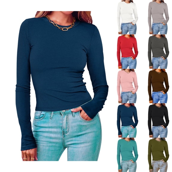 Blczomt Tops Women Plain Long Sleeve Slim Fit Blue Blouse Crewneck Dressy Casual Fall Women Blouses M