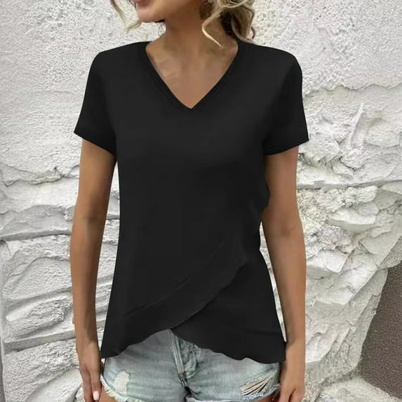 Blczomt Tops Women Short Sleeve Basic T Shirt V Neck Loose Black Summer Solid Womens Blouses Dressy Casual