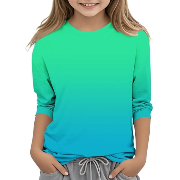 Blczomt Tops for Girls Cute 3/4 Sleeve Casual T-Shirt Crewneck Gradient Green Loose Fashion Clothes for Girls