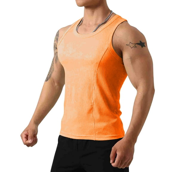 Blczomt Tops for Men Plain Summer Tank Workout Orange Crew Neck Running Fashion