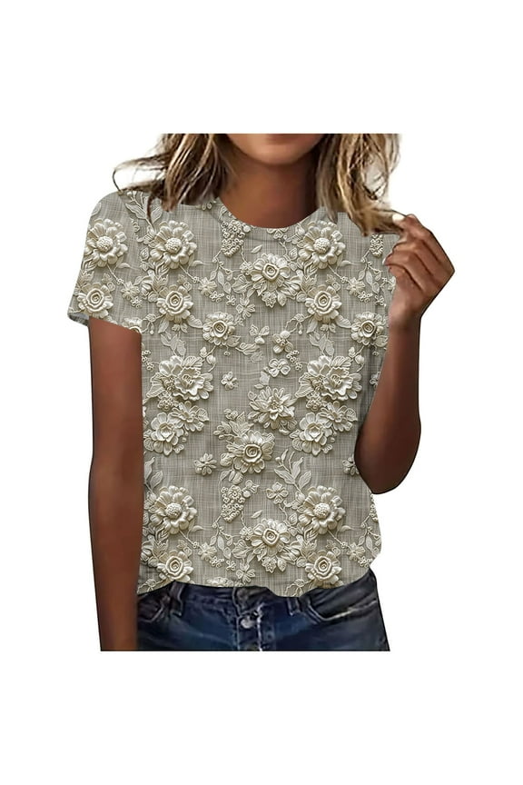 Tops for Women Crew Neck Short Sleeve T Shirts Casual Loose Fit Floral Summer Shirts for Women