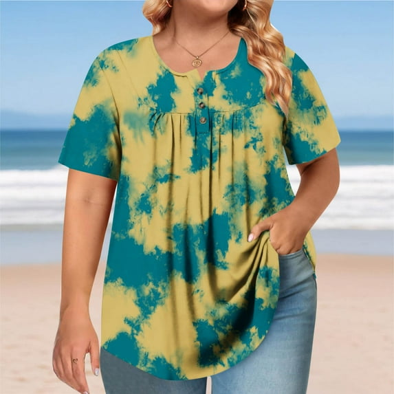 Blczomt Tops for Women Oversized Tie Dye Shirts Short Sleeve Casual Button Yellow Round Neck Blouses for Women Plus Size