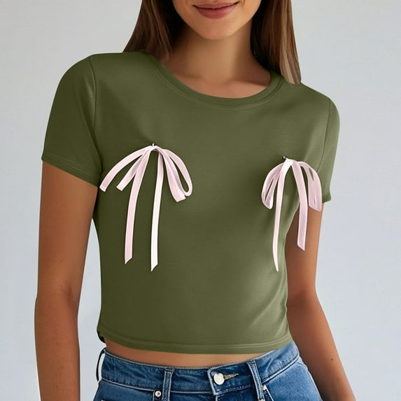 Blczomt Tops for Women Short Sleeve Workout Crop Basic Tees Bow Tie Going Out Summer Green Crew Neck Ladies Blouses