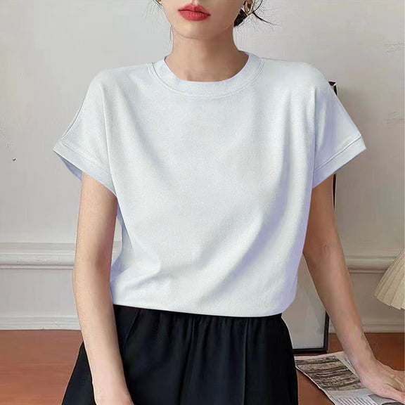 Blczomt Tops for Women Trendy 2025 Short Sleeve Basic T-Shirt Summer Round Neck White Plain Plus Size Blouses for Curvy Women