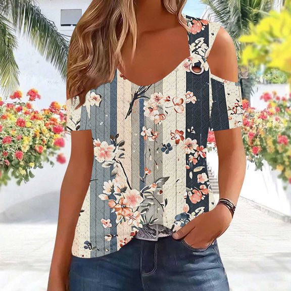 Blczomt Tops for Women Trendy Floral Off The Shoulder Summer Blouse Yellow Casual 2025 Short Sleeve Ladies Blouses