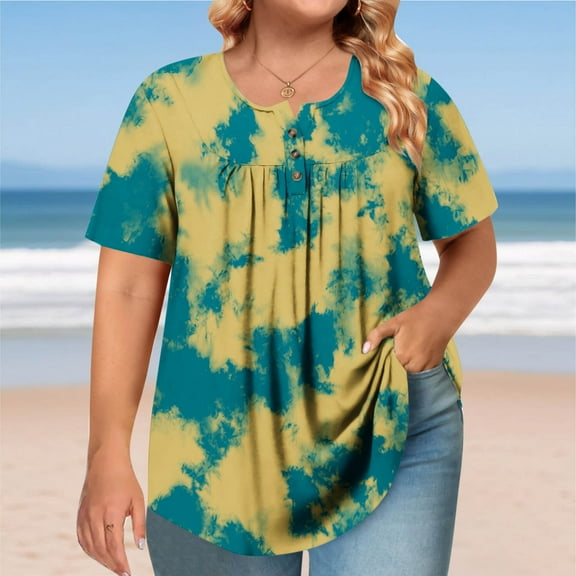Blczomt Tops for Women Trendy Oversized Tie Dye Shirts Short Sleeve Casual Yellow Round Neck Button Blouses for Women