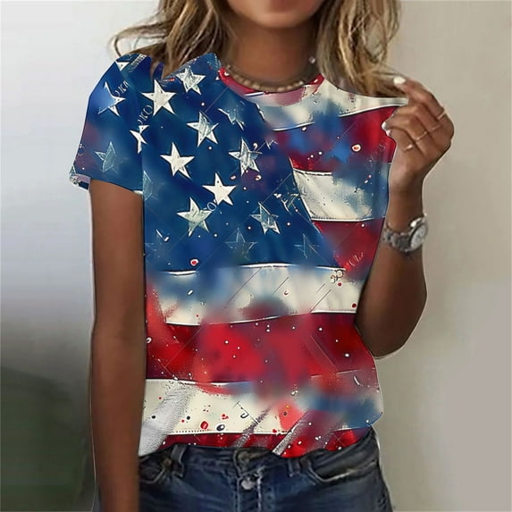 Blczomt Tops for Women Trendy Short Sleeve Independence Day July 4th Tees American Flag 2025 Patriotic Womens Plus Size Blouses